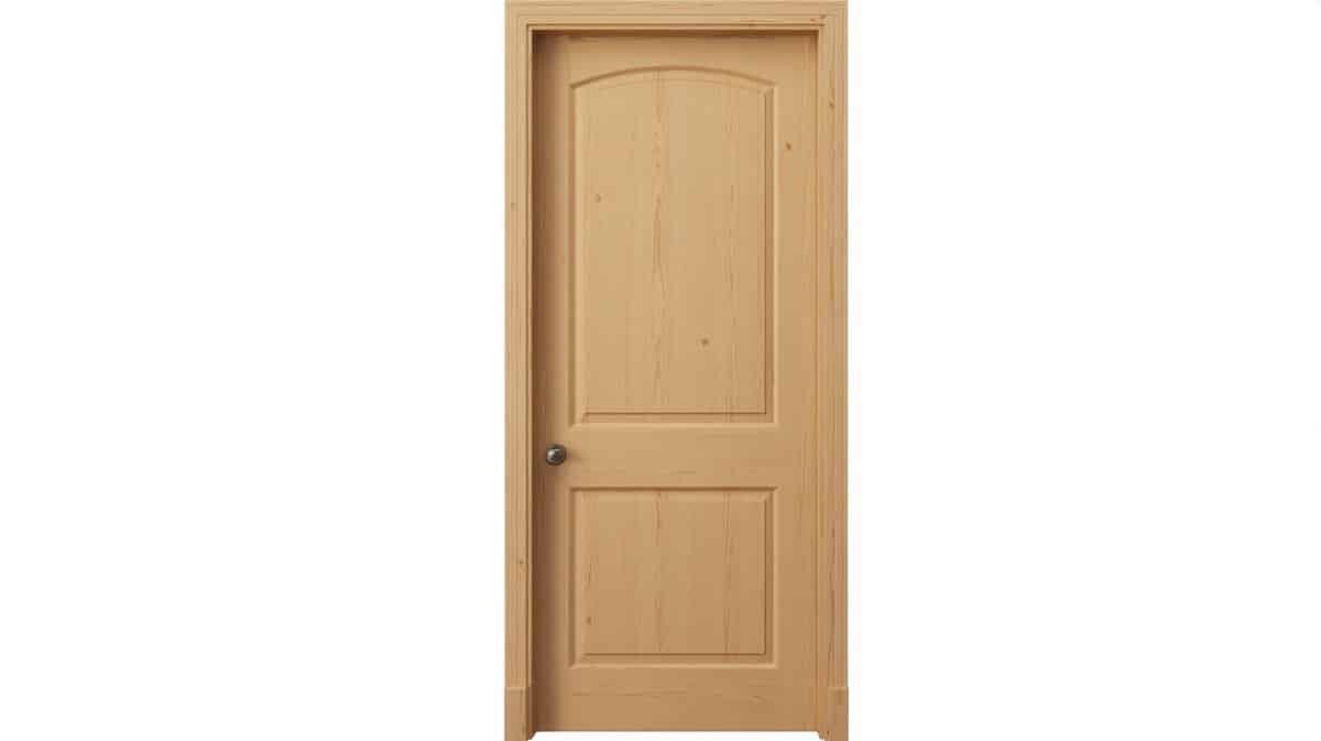 Single raised-panel pine interior door showing natural blonde wood grain on white background