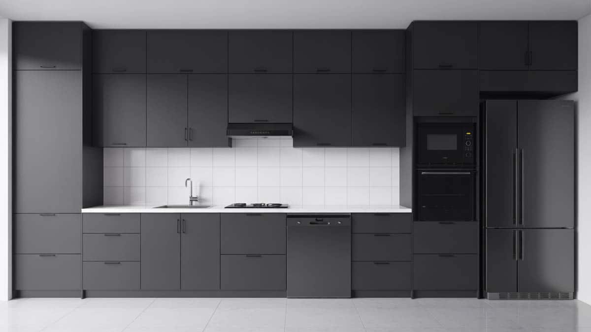 Minimalist single-wall kitchen with handleless black and white cabinets and integrated appliances