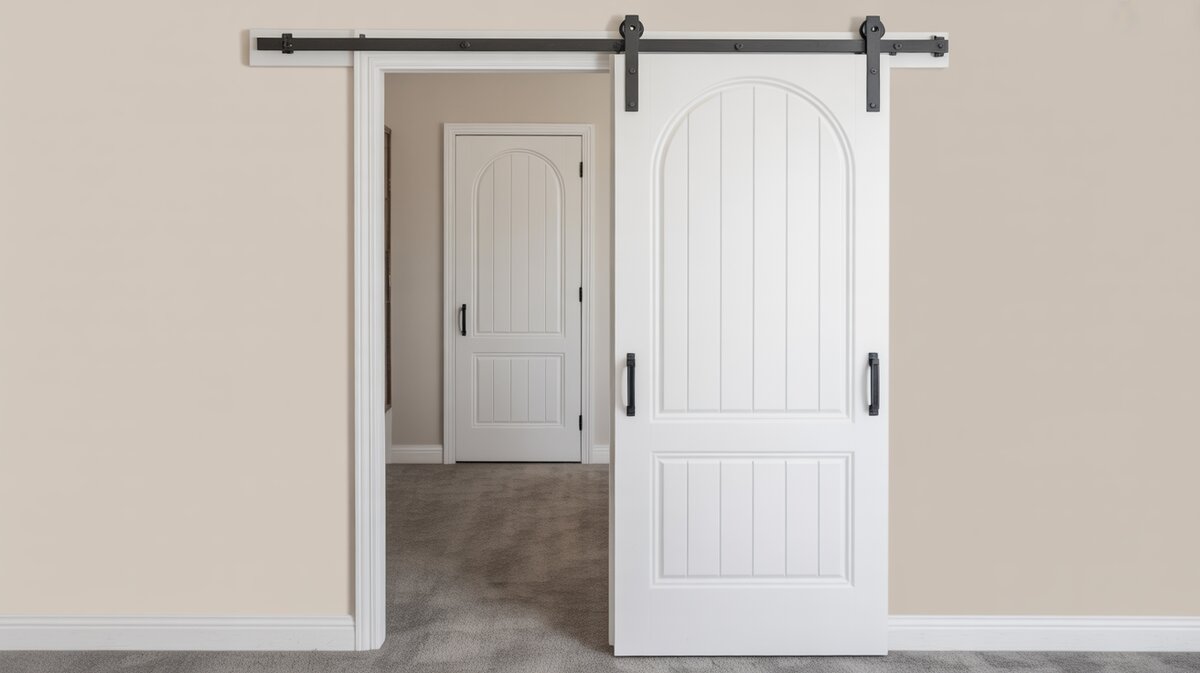 White arched-top raised-panel barn door on black sliding hardware track in neutral transitional hallway