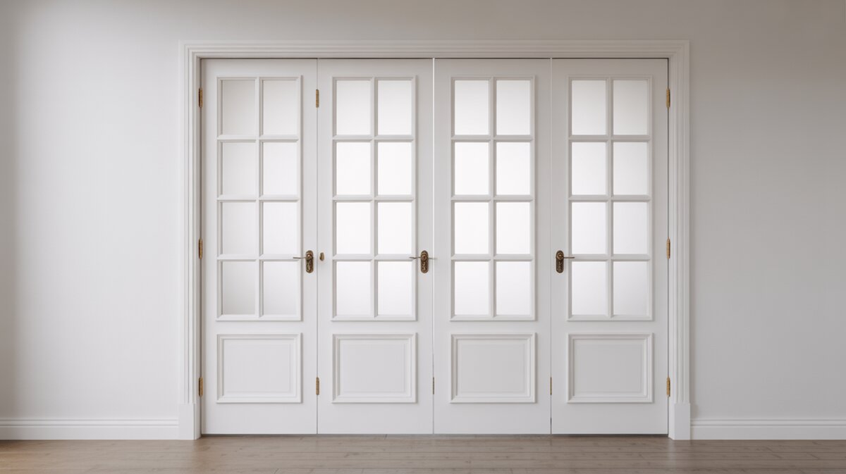 White painted double French interior doors with 15-lite glass pane configuration on white background