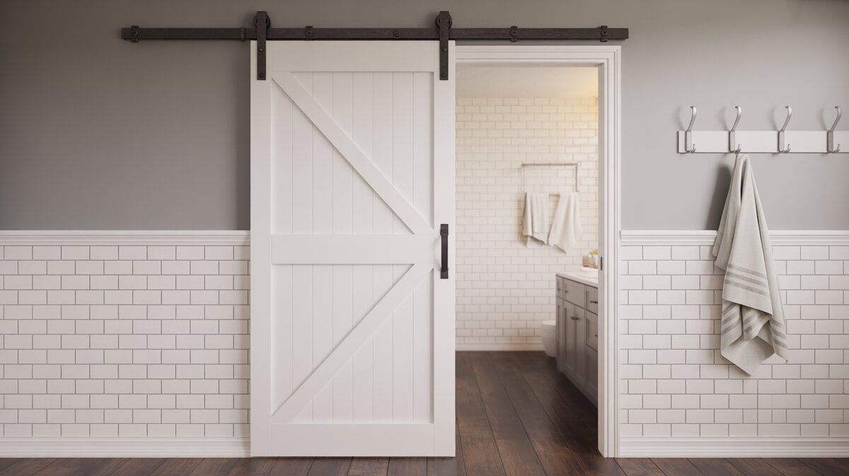 White painted Z-brace barn door on black sliding hardware track in bathroom with white subway tile walls