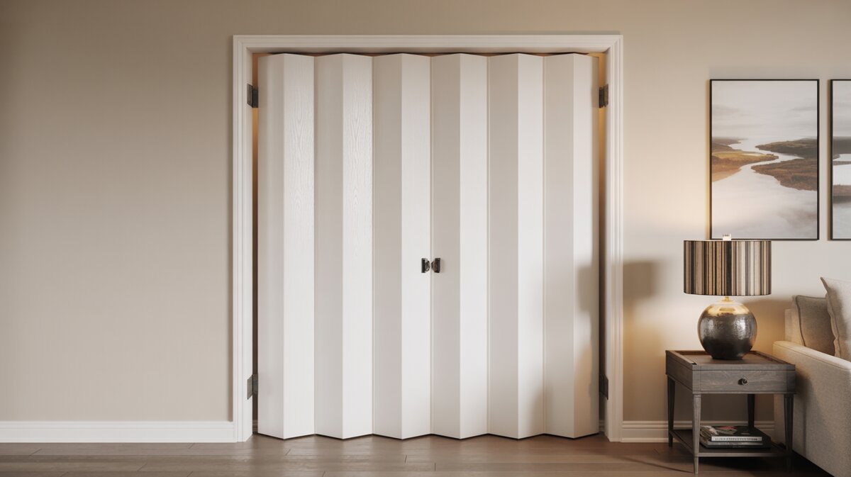 White vinyl accordion folding door fully closed in doorway of beige neutral room with abstract wall art