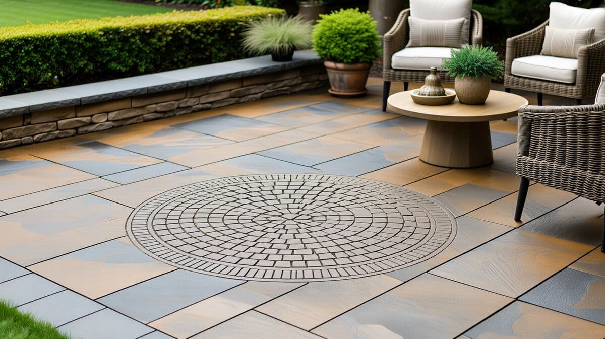 Stamped concrete patio with a circular fan pattern and woven lounge chairs