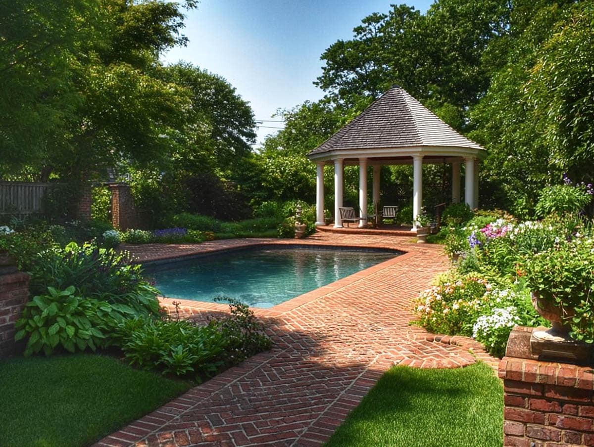 Backyard garden pool next to brick path and pillar gazebo