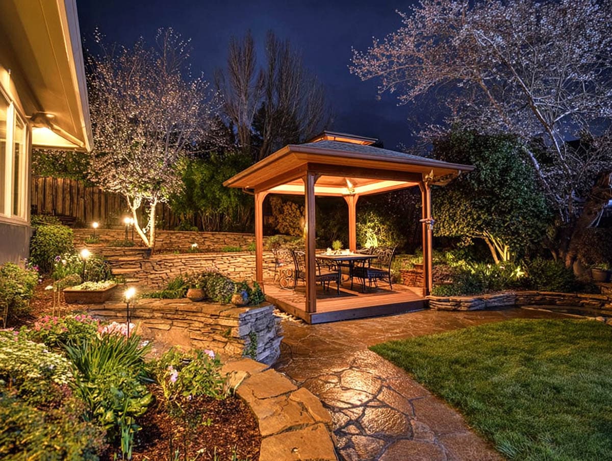 Backyard with custom wood gazebo with outdoor lighting