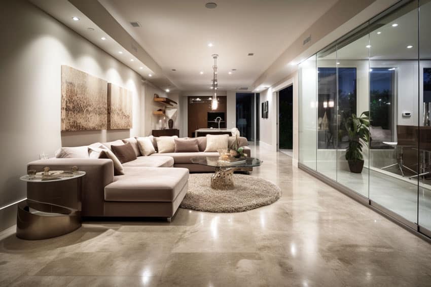Contemporary living room with epoxy floors