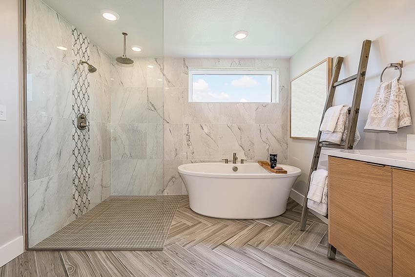 Contemporary wet room bathroom with shower glass partition wood look porcelain tile floors