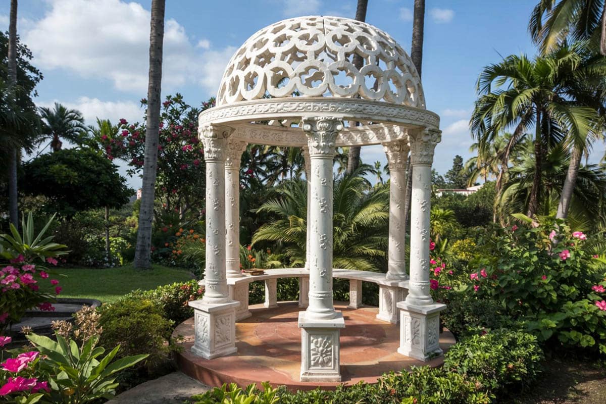 Custom gazebo in landscaped garden with hedges