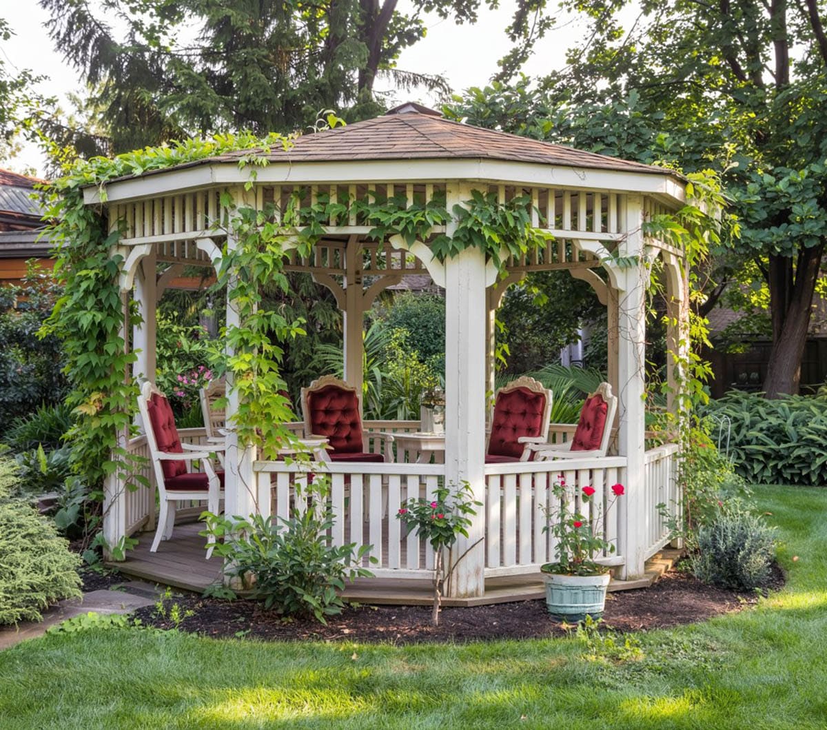 Garden area gazebo built with pine and 10 foot in diameter with creeping vines