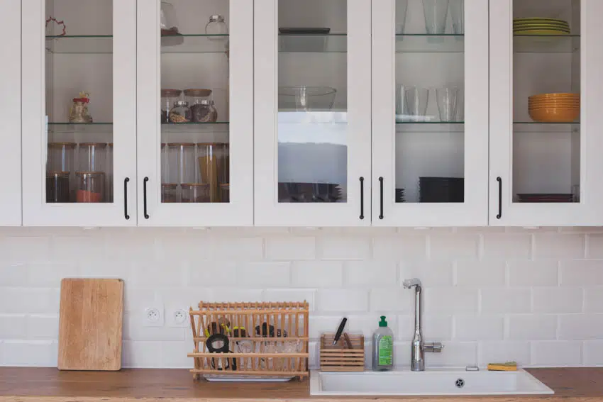 Glass cabinets kitchenware sink countertop