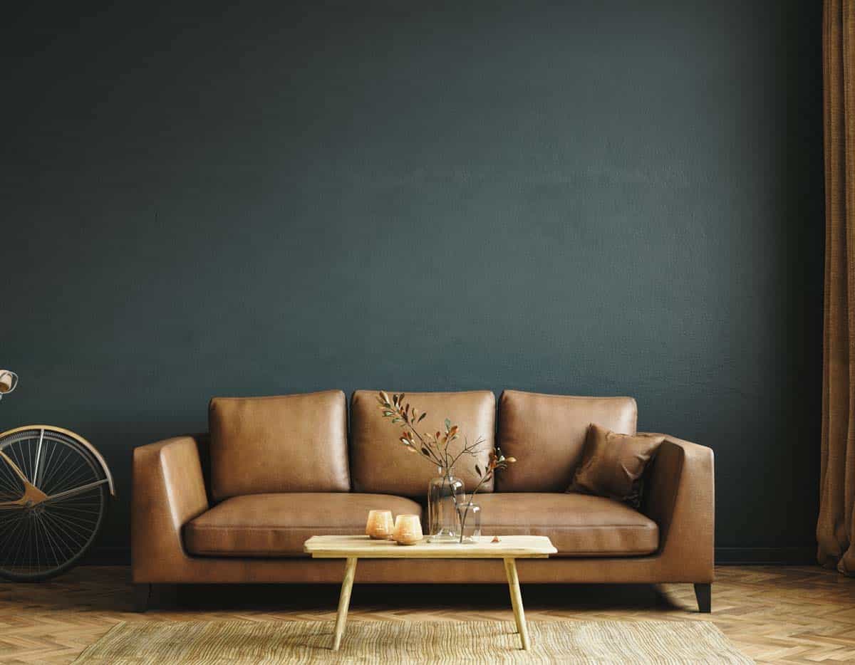 green room with wood floor and leather sofa
