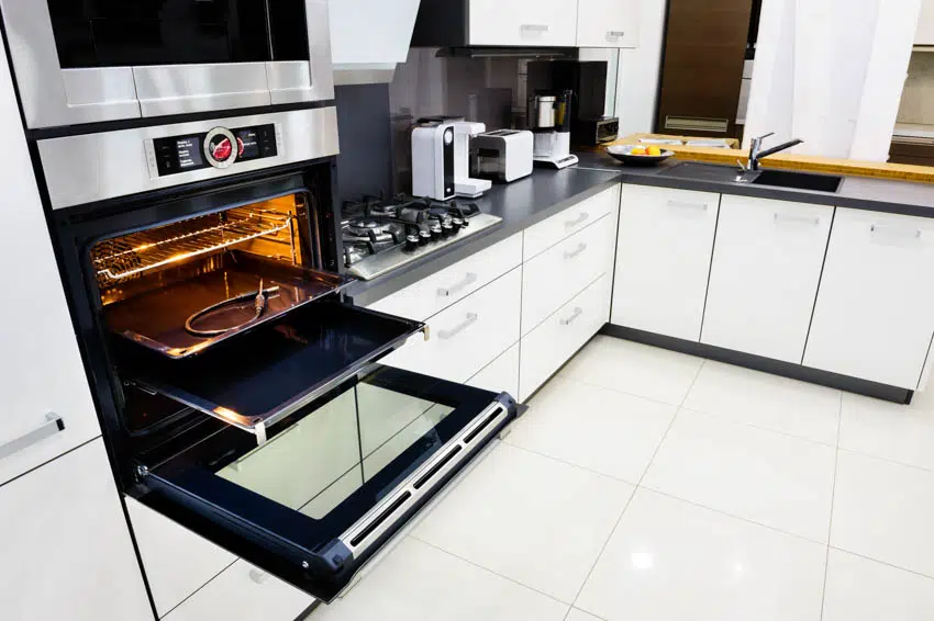 Modern kitchen center island appliances tile floors