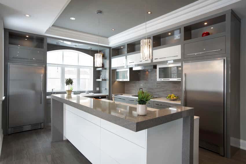 Modern kitchen center island appliances tile floors