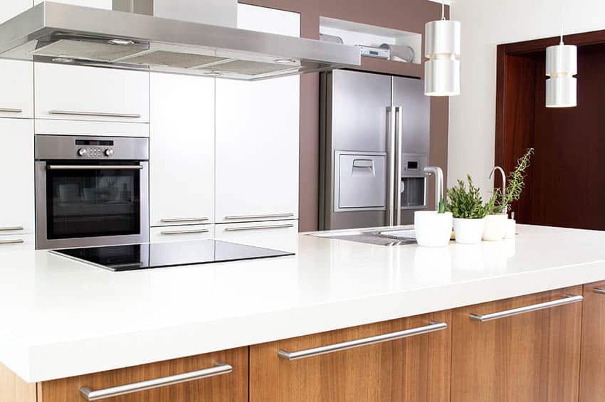 Modern kitchen with island cooktop and wall range
