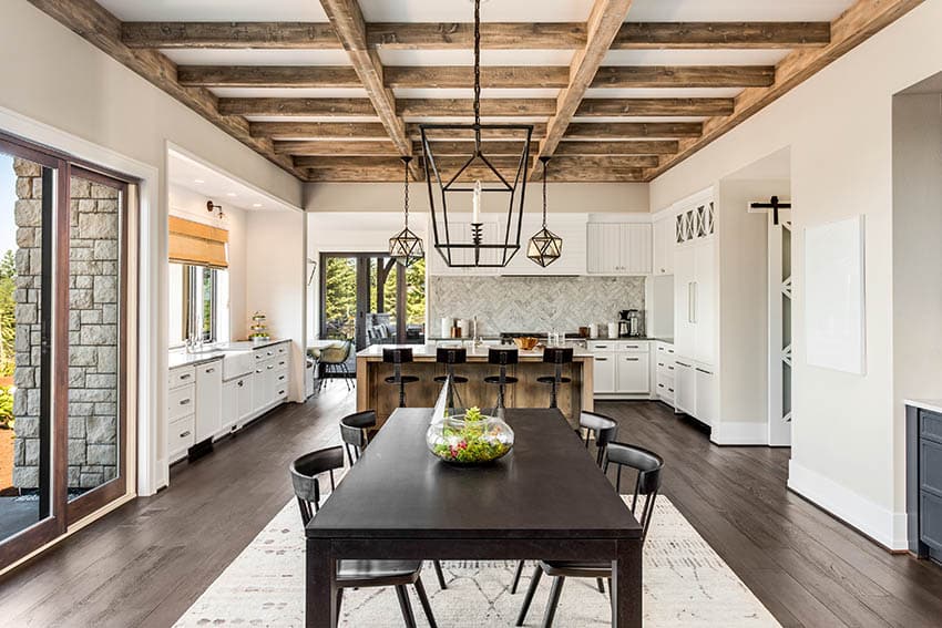 Open concept dining kitchen with dark wood flooring