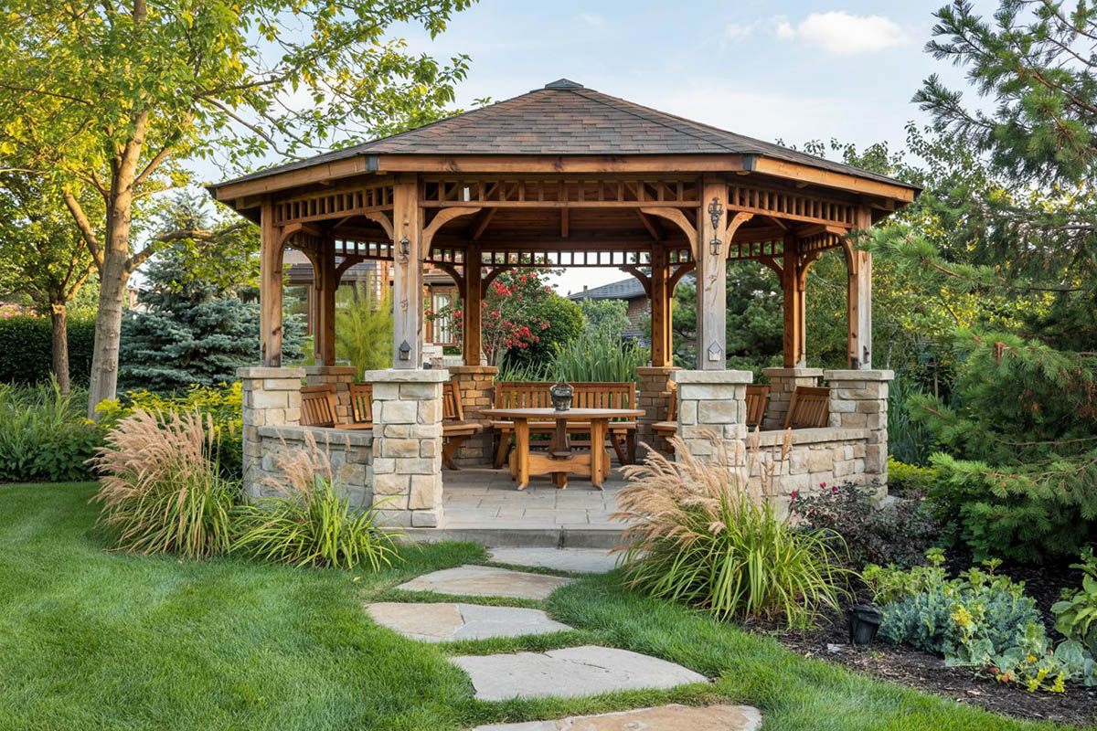 Pathway leading to large gazebo with outdoor lounge furniture