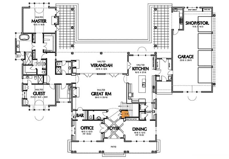 Shingle style home floor plan with stairs 2nd story basement