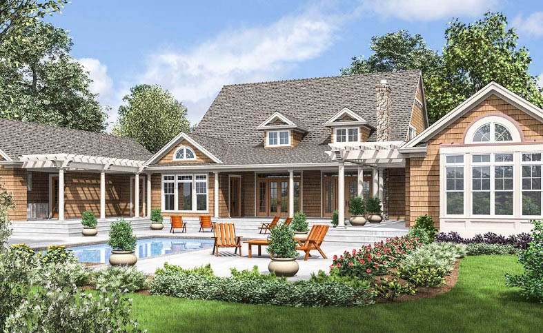 Shingle style house exterior rendering with swimming pool