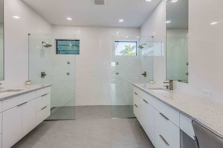 Wet room bathroom design with dual showers