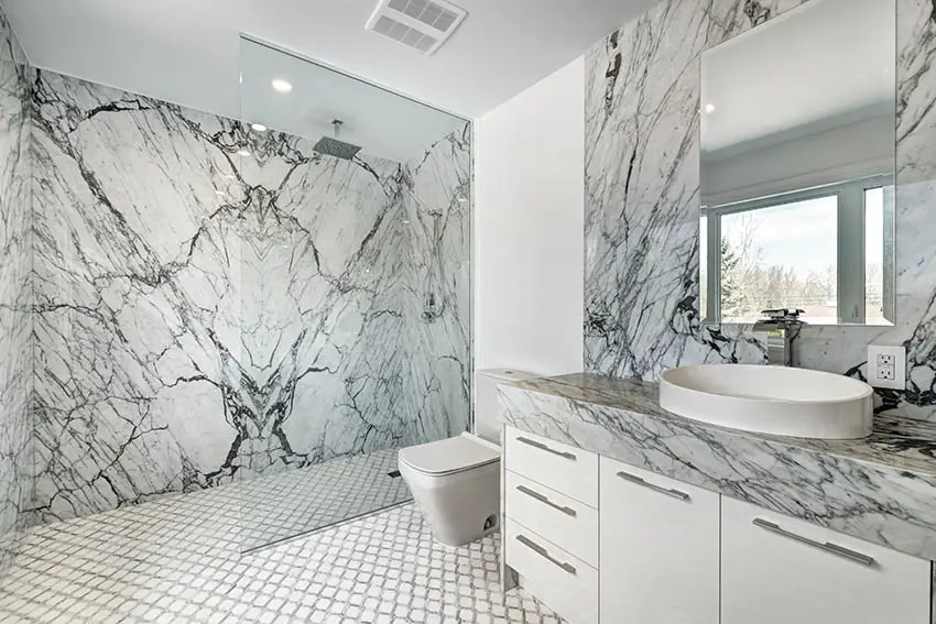 Wet room bathroom shower with quartz panel walls tile floors basin sink