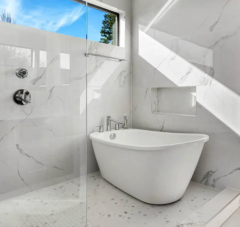 White tile wet floor bathroom with shower tub porcelain tile flooring
