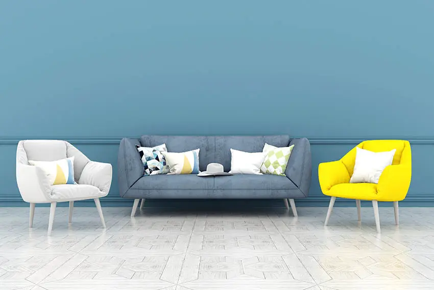 Yellow, gray and blue color matched living room design