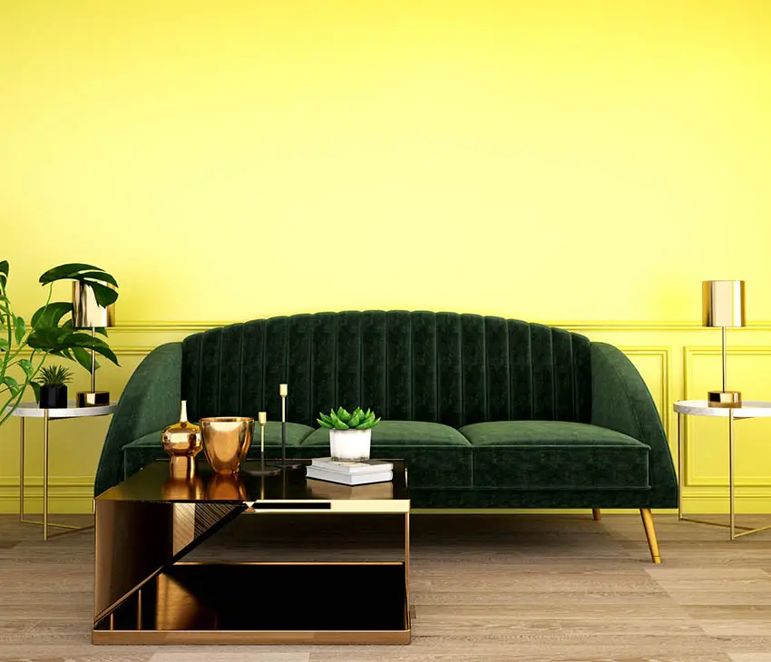 Yellow living room with green couch