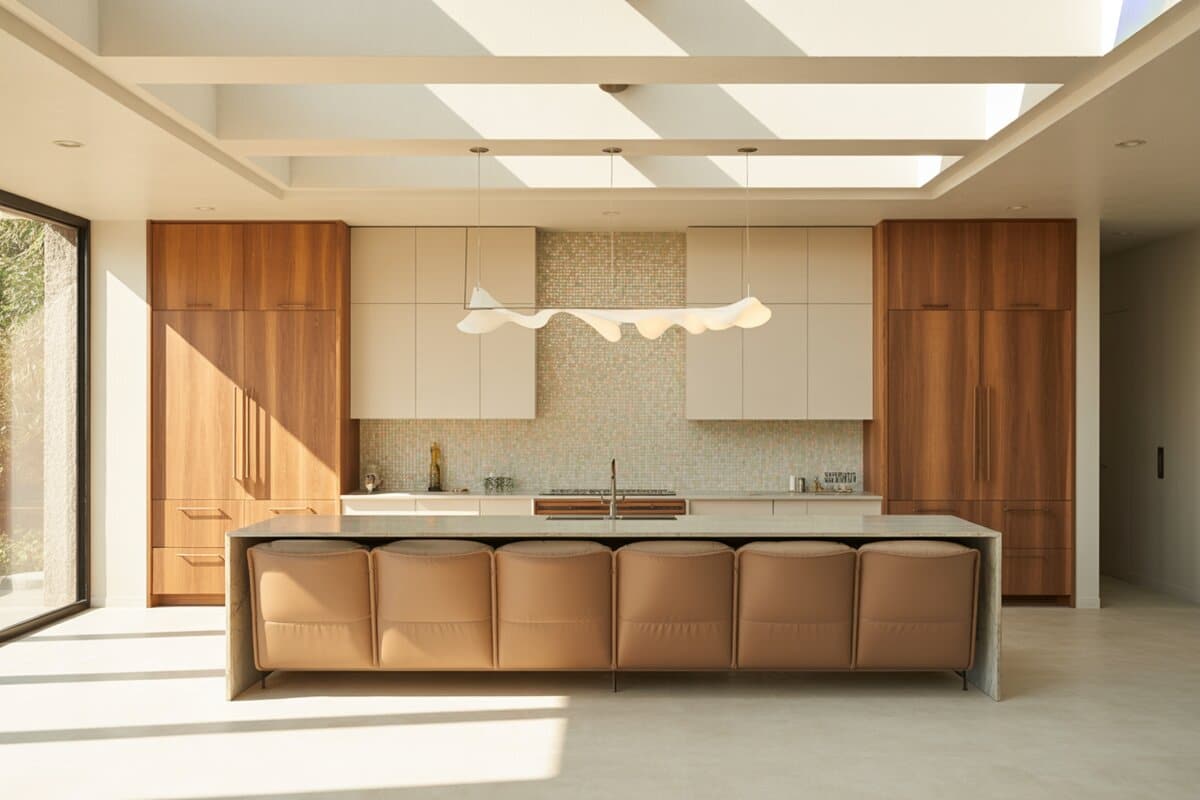 Warm walnut and cream cabinets frame a stone island lined with tan leather seating and mosaic backsplash