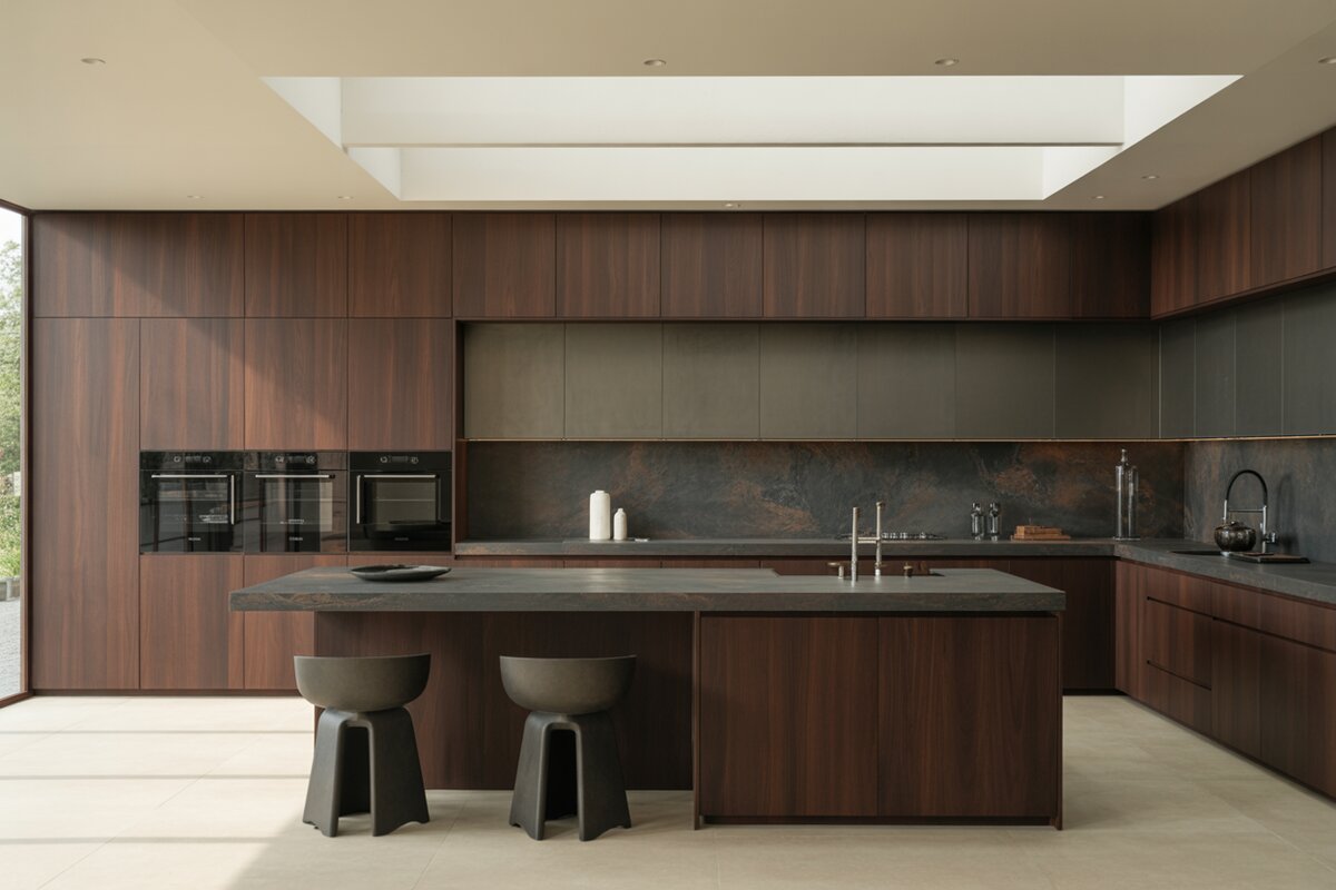 Dark walnut cabinets surround a stone-topped island with two sculptural gray stools beneath a skylight