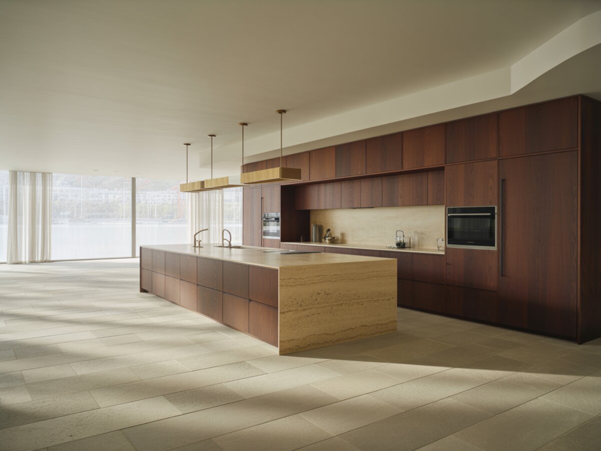 Mahogany cabinets line the wall behind a travertine island over wide limestone flooring
