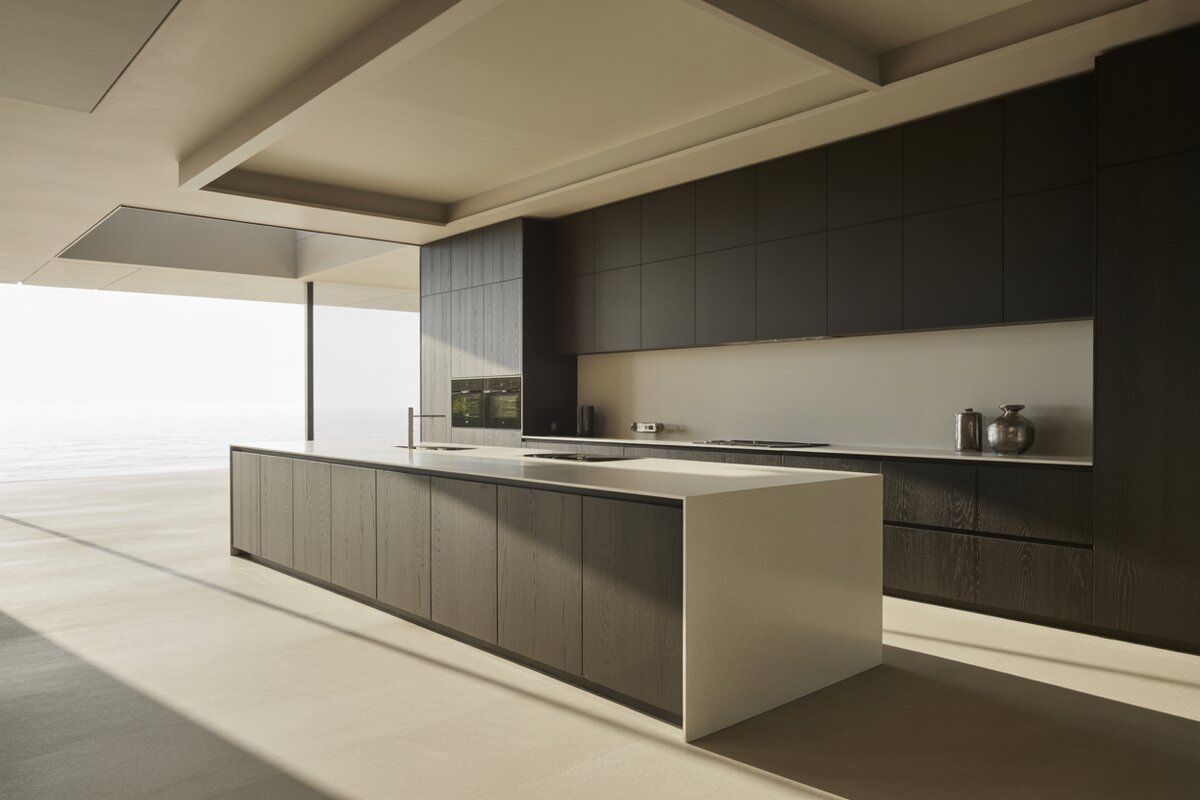 Dark oak and charcoal cabinets meet a pale quartz waterfall island facing the ocean