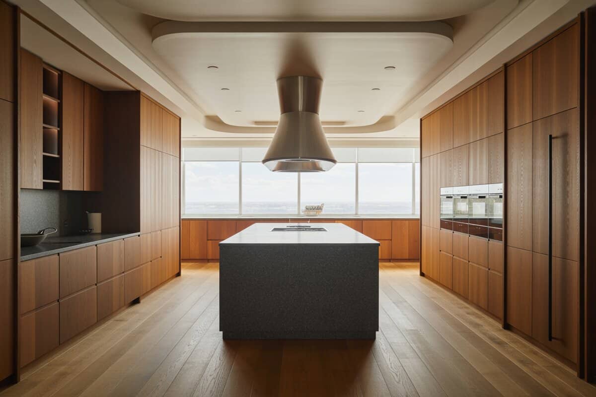 Teak cabinetry frames a black granite island and curved steel hood above a panoramic window