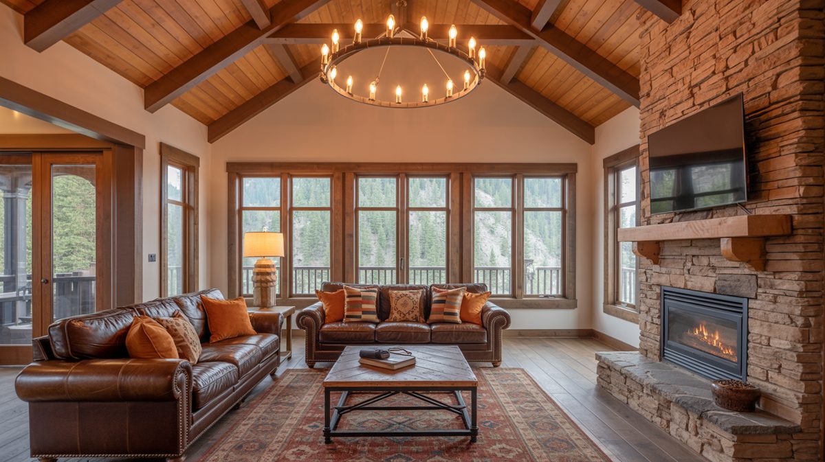 Rustic mountain living room with floor-to-ceiling stone fireplace, exposed wood beam ceiling, and brown leather sofas