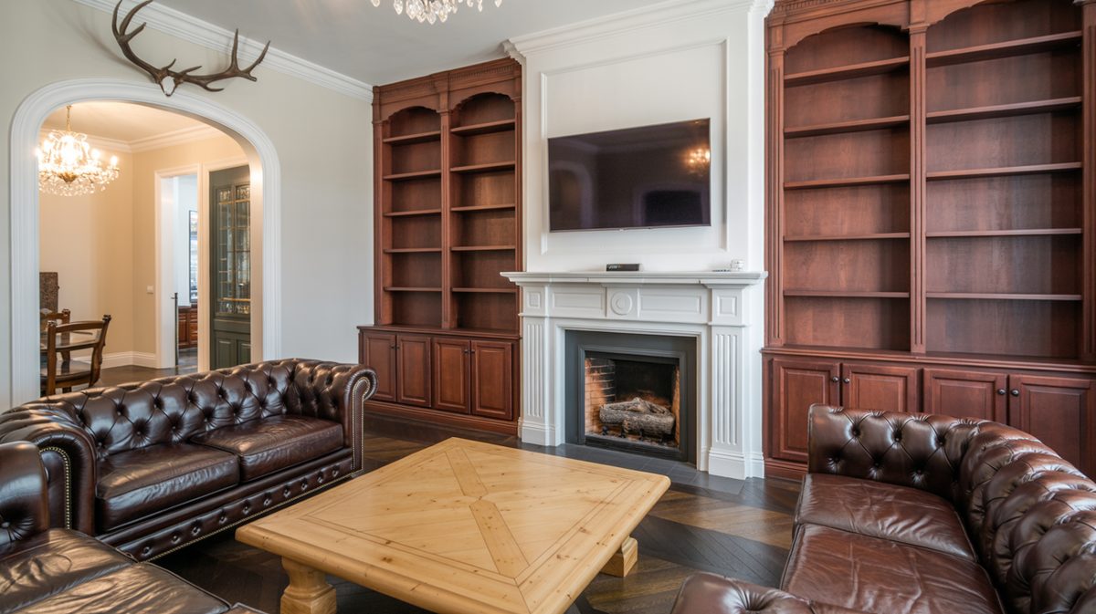 Traditional masculine living room with white stone fireplace surround, built-in dark wood bookcases, and tufted leather Chesterfield sofa