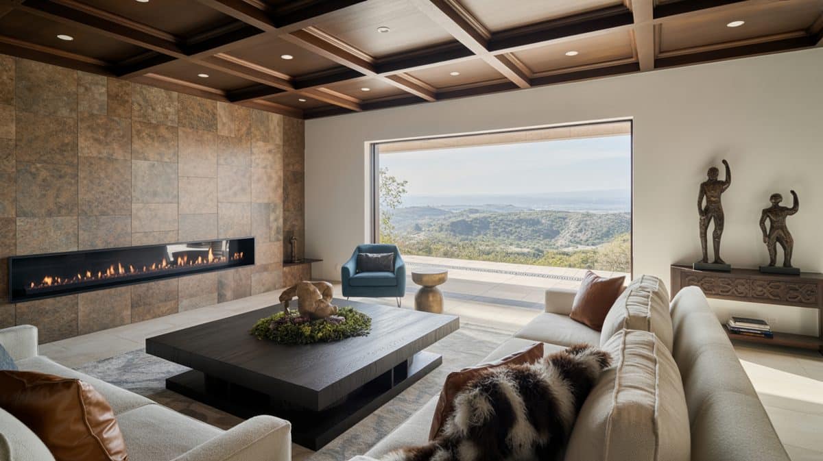 Coffered ceiling living room with mountain views, cream sectional sofa, and stone fireplace