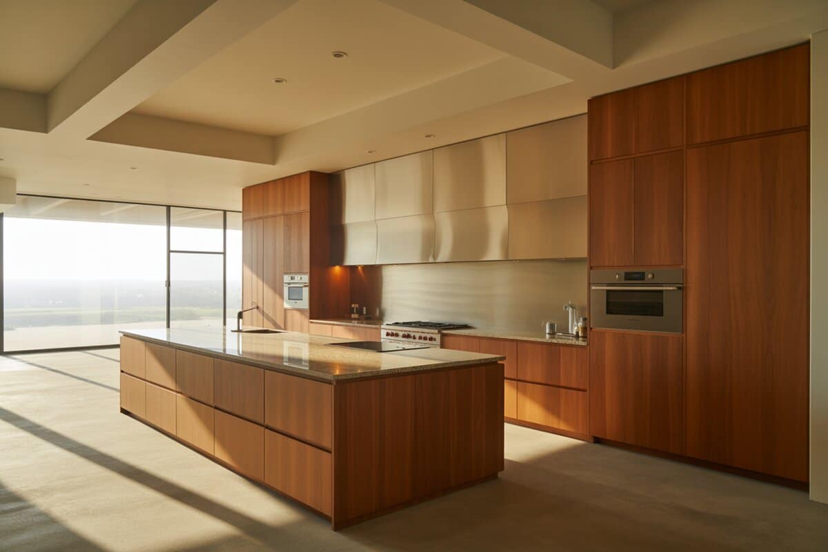 Rich teak cabinets surround a granite island and brushed steel hood near a glass wall