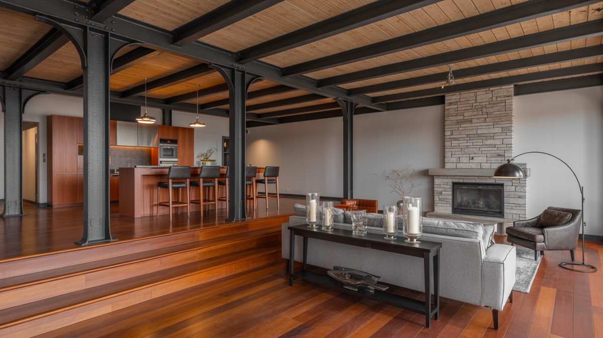 Modern industrial masculine living room with exposed black steel ceiling beams, cherry hardwood floors, stone fireplace, and gray sectional