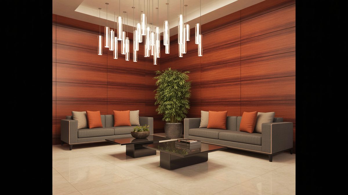 Contemporary hotel-inspired masculine living room with rich red wood panel feature wall, tube pendant lighting, and charcoal gray sofas
