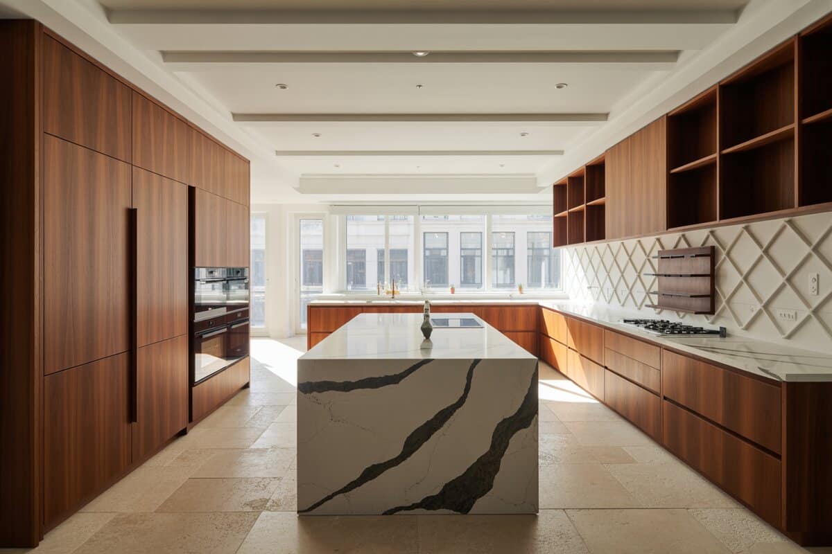 Walnut cabinets and open shelving frame a dramatic veined marble island over travertine tile