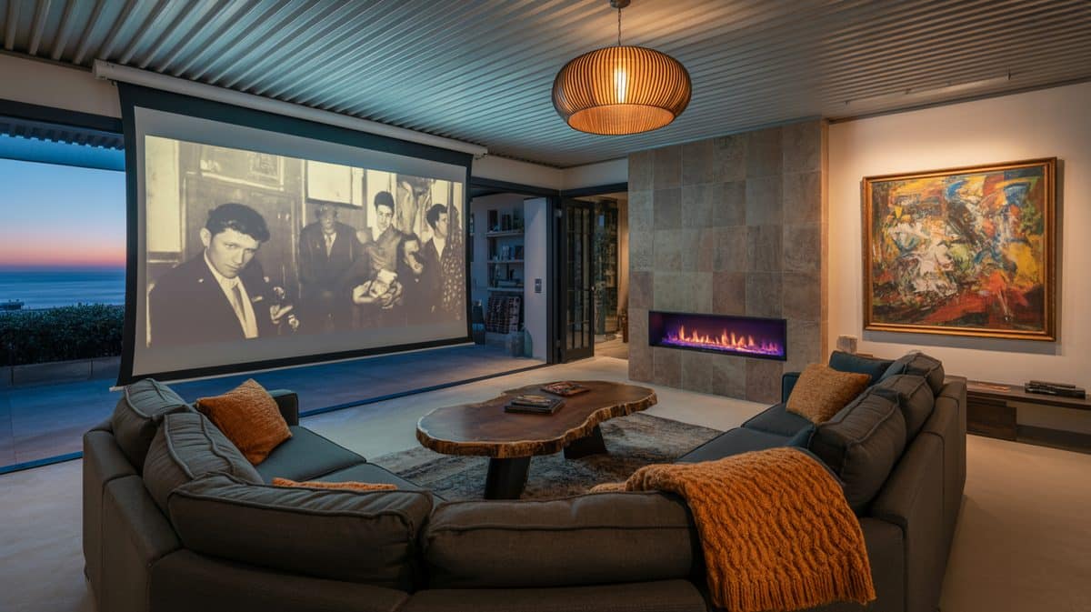 Dramatic masculine home theater with large projection screen, dark leather sectional sofa, and corrugated metal ceiling
