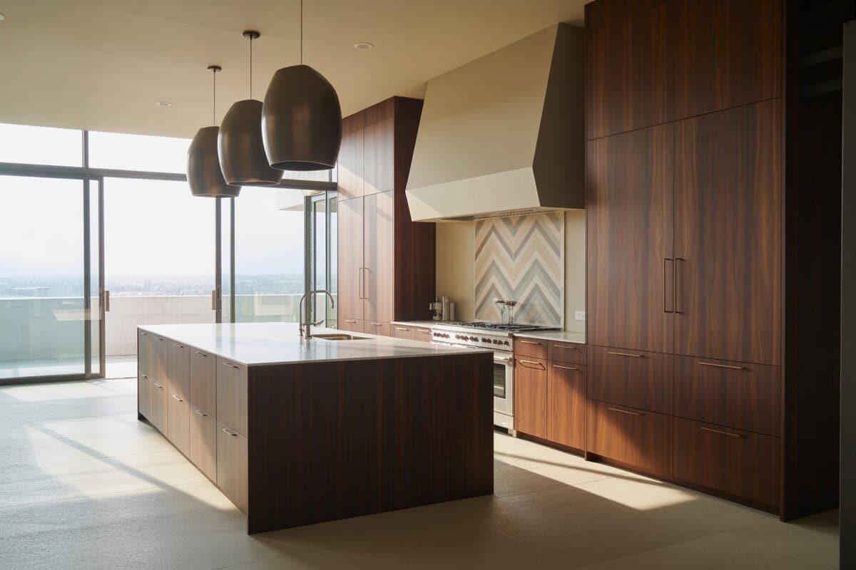 Walnut cabinets meet a quartz island with chevron backsplash and three bulbous dark pendants