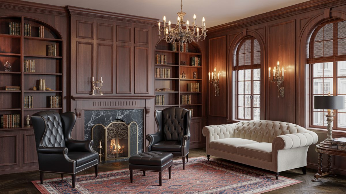 Victorian gothic masculine study with dark walnut wall paneling, floor-to-ceiling bookcases, marble fireplace, and leather tufted accent chair
