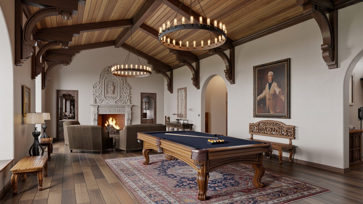 Grand hacienda masculine living room with soaring vaulted ceiling, wrought iron chandeliers, billiard table, and stone fireplace