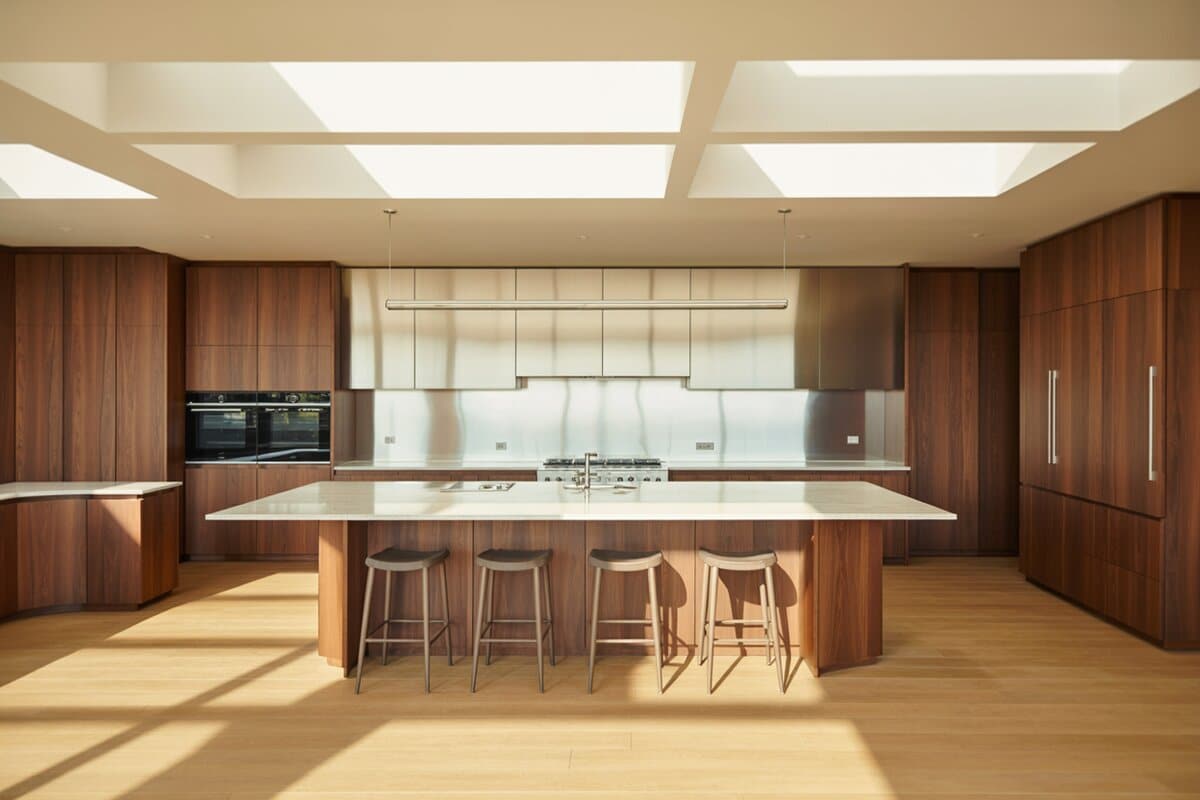 Walnut cabinets frame a quartz-topped island with bar stools beneath bright coffered skylights