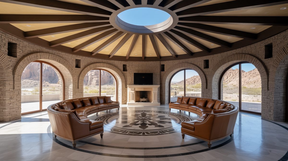 Circular rotunda masculine living room with radiating wood ceiling beams, stone walls, ornate marble floor medallion, and desert landscape view