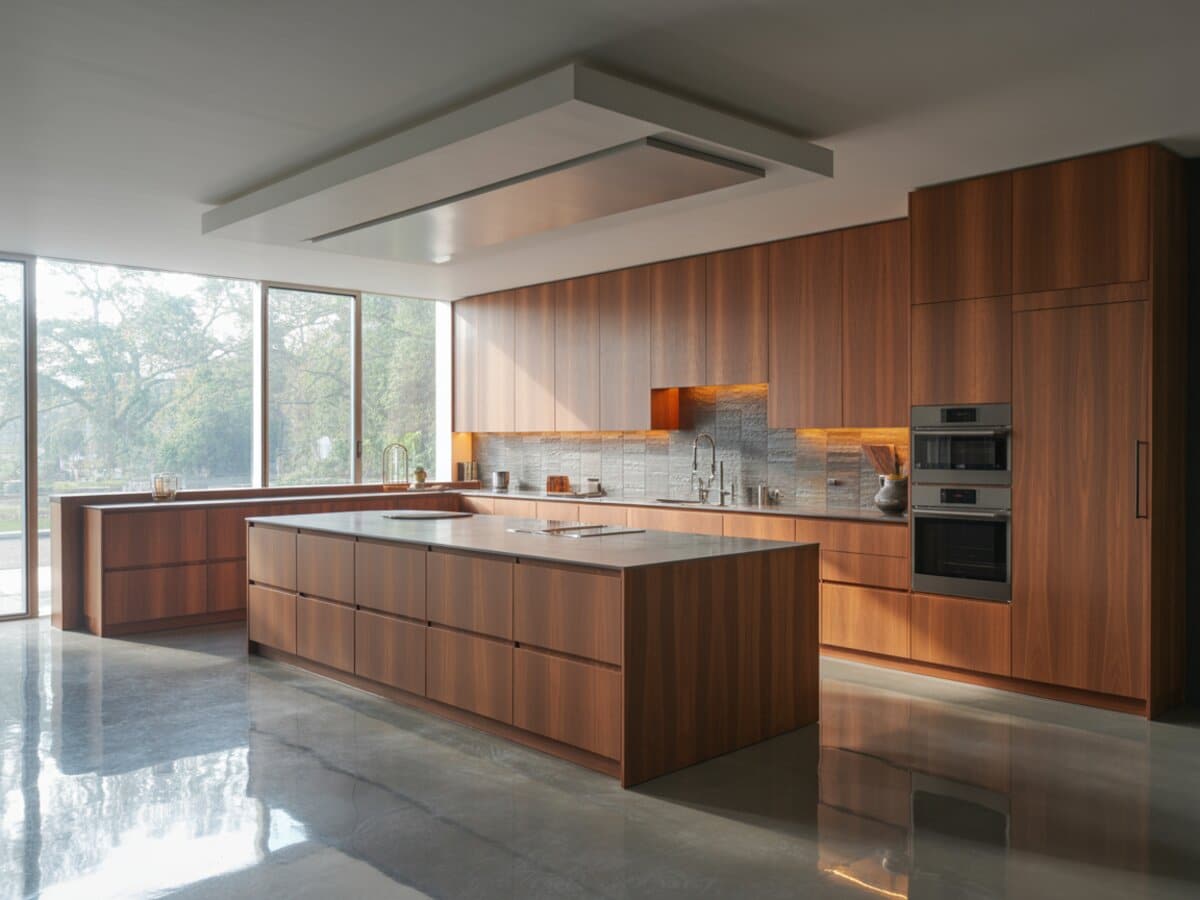 Walnut cabinets wrap an L-shaped layout with a large island and textured stone backsplash