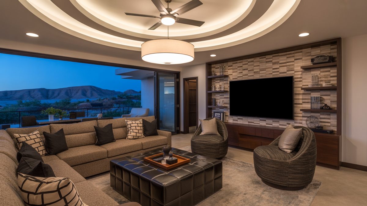 Masculine man cave with circular tray ceiling, brown leather sectional, patchwork tile entertainment wall, and desert view