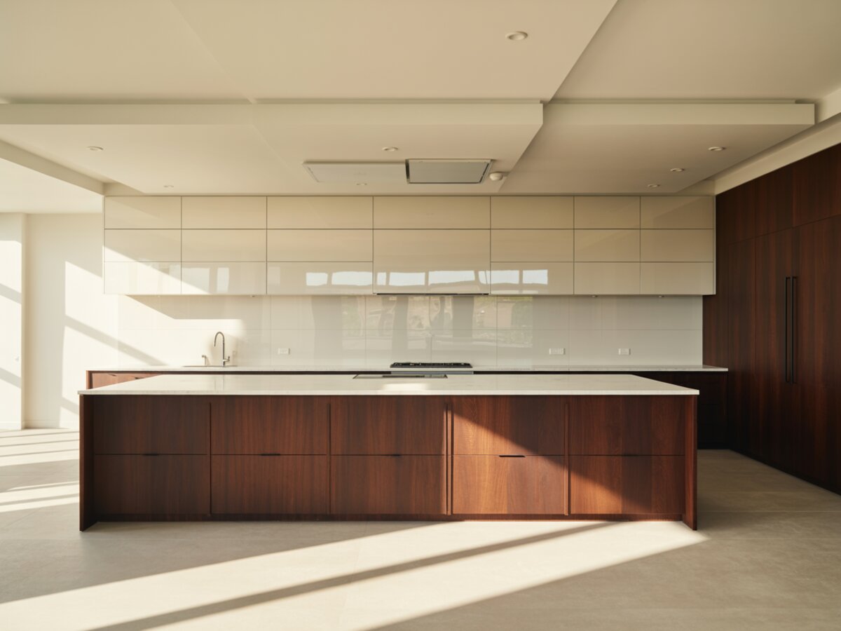 Glossy cream uppers and dark wood island meet a glass backsplash in a sunlit room