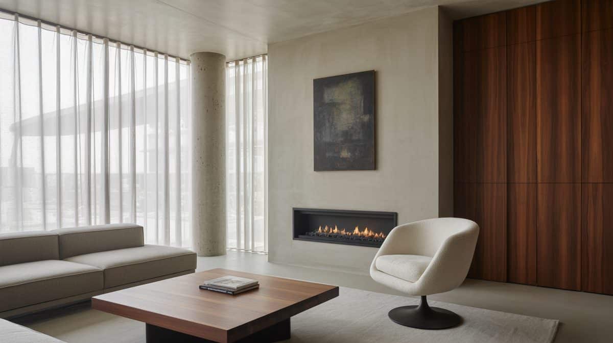 Ultra modern minimalist masculine living room with frosted glass partition wall, low-profile gray sectional, and recessed linear fireplace