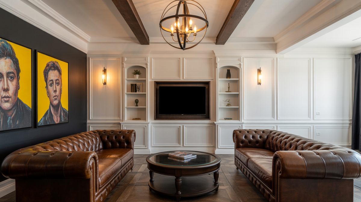 Classic masculine living room with white wainscoting, pair of brown leather Chesterfield sofas, and exposed rustic wood ceiling beams
